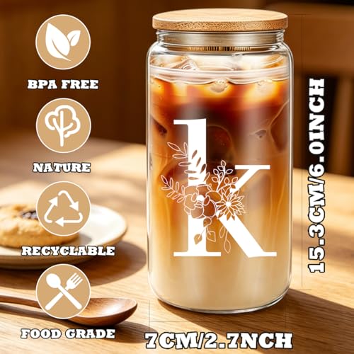 DHQH Birthday Gifts for Women, Monogrammed Gifts Box Included 16 oz Initial Glass Drinking Cup,Canvas Tote Bag, Personalized Iced Coffee Tumbler Gift for Women Her Mom Teacher Friends Sister, K - color: letter-cup-k