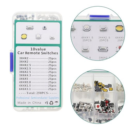PATKAW 250pcs Mini Tactile Push Button Momentary Switches Car Vehicle Replacement Small Electronic Switch Kit for Automotive Repair and Arcade Game Parts