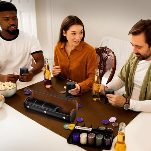 Leather Dice Cup Set, 5 Black Dice Cups, 25 Dice with Storage Travel Case | PU leather dice set with 5 felt-lined cups, 25 dice and storage case for Liar’s Dice, craps, backgammon and party games - color: Black