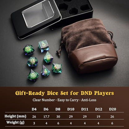 MoKo Liquid Core DND Dice Set 7PCS, Green | Sharp Edge Resin Polyhedral, D20 D12 D10 D8 D6 D4 D%, Gift Box Included, Compatible with Dungeons and Dragons RPG - color: 1 - Green