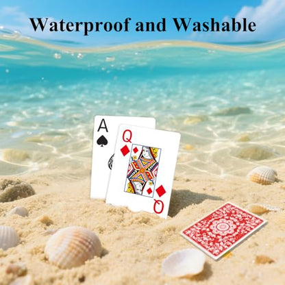 Plastic Playing Cards Waterproof Cards Poker Card 2 Pack Playing Card Large Print for Adults Seniors, Deck of Card Set Poker Cards for Beach Trip Pool Party Games (Red) - color: Red