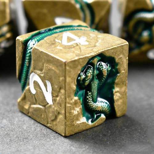 Weighted Metal DND Dice Set for Dungeons and Dragons and Pathfinder, Serpent Polyhedral RPG Dice with Engraved Numbers & Protective Gift Storage Case - color: Ancient Brass