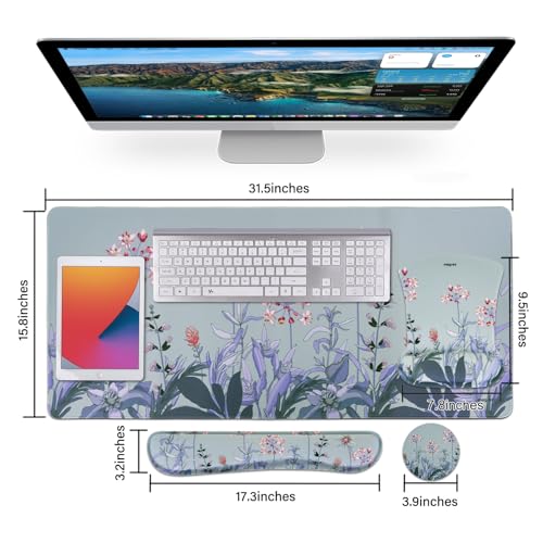 MEGREZ 4-in-1 Mouse Pad with Wrist Rest Ergonomic Memory Foam Desk Mat Set | ergonomic, anti-slip base, 4pcs set, desk pad, mouse wrist rest, keyboard rest, coaster, ideal for office & gaming - color: Bluegray