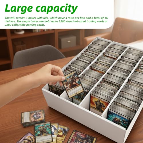 Calenzana 3200-Count Trading Cardboard Card Storage Boxes 1 Pack, 4 Row White Card Box with 16 Dividers, MTG, TCG Card Organizer - size: 16x13.3x1.3 inches