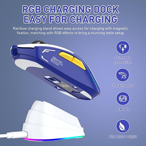 DAREU A950 Wireless Gaming Mouse with RGB Charging Dock,88g Lightweight Programmable Tri-Mode Wireless Mouse Gaming, Up to 12K DPI,1000Hz,120Hrs Playtime with RGB Backlit, Great for PC, Mac - color: Blue
