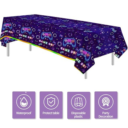 Video Game Party Tablecloth Decorations, Neon Glow Theme, 3 Pack | Disposable Neon Glow Level Up Game On Birthday Party Supplies Table Cover, 54in x 108in