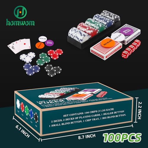 Homwom Poker Chip Travel Set, 100PCS 5 Color Professional Poker Chips in Cardboard Gift Box, 11.5 Gram Clay Composite Casino Poker Chips for Casino Card Games Texas Holdem Blackjack - style: 100pcs