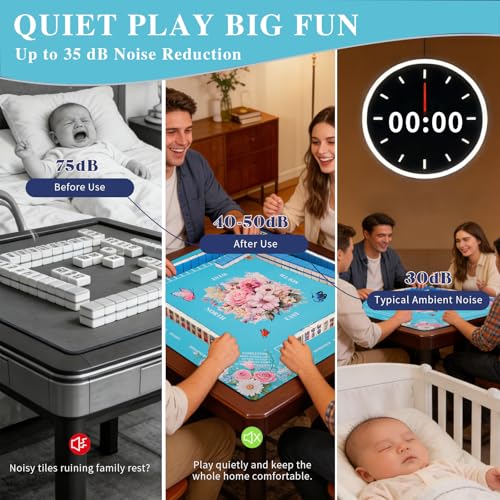 Mahjong Mat for Table with Rose Floral Design | with Storage Bag 31.5x31.5 inch Anti-Slip Mah Jong Mat Quieter Mahjong Table Mat with Charleston Rules - color: Sky Blue