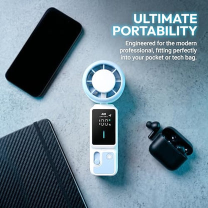 Portable Handheld Fan, 100-Speed Turbo Rechargeable Mini Fan | 3-in-1 Wearable Foldable Fan with Ice Compress Cooling. Ideal for Travel, Outdoor, Office. Compact & Long Battery Life. - color: White&Blue