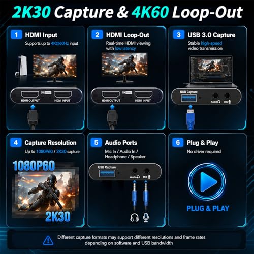Guermok USB 3.0 HDMI Capture Card, 1080P 60FPS & 2K30 Video Capture Device | 4K HDMI Pass-Through, Mic Input & Audio Output, USB Video Game Capture for OBS Streaming, PS5, Switch 2/1, Xbox1, Camera, PC