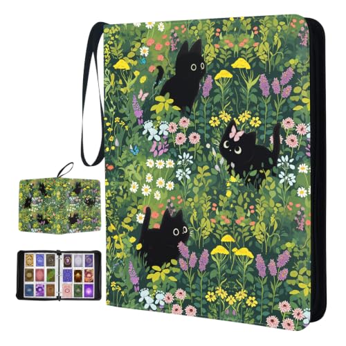 9 Pocket Card Binder for Girls, Cat Trading Card Binder 9 Pocket, Collectible Trading Card Holder for 900 Cards, PU Leather Binders Game Sports Cards Collector Albums with Zipper - color: Black Cat-Flowers, size: 900 Pockets
