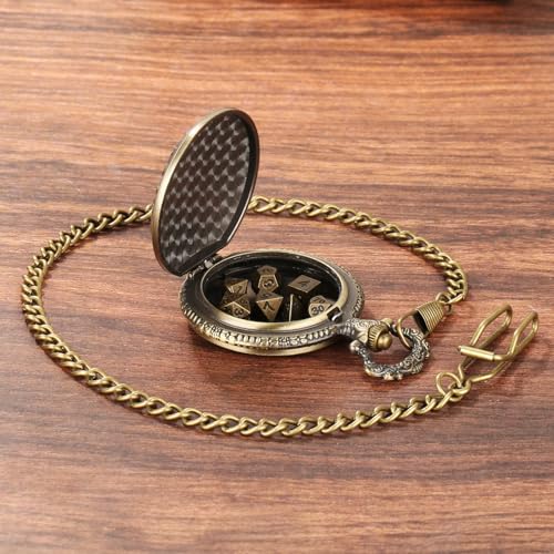 Wolf Pocket Watch Dice Set with Leather Bag, DND Starter Set, Mini Dice Kit - color: Wolf Dice Set