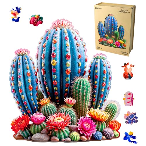 Wooden Jigsaw Puzzles for Adults, Cactus Gemstones 200 Piece Unique Shaped Wood Puzzle, Family Game and Creative Wooden Puzzle Gift, Wall Art Decor, 10 x 11 Inch - color: Cactus Gemstones, size: 200PCS