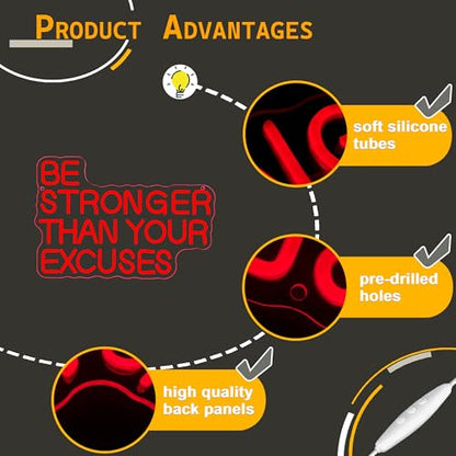 Allball Be Stronger Than Your Excuses Neon Sign, Gym Neon Light Motivational Sign USB Powered LED Dimmable, for Gym Office Classroom Bedroom Bar Gymnastic Athletes Sign(15.7 * 10.6 In) - color: Red4
