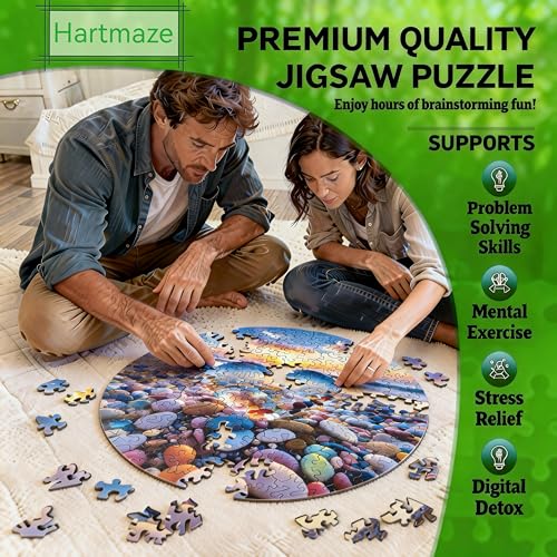 Hartmaze Sunset on Pebble Beach Wooden Puzzle, 178 Intricate Irregular Pieces, 11.2x11.2 Inch, Exquisite Wooden Gift Box – Stunning Coastal Art Jigsaw for Adults & Kids 8+ - color: Sunset on Pebble Beach
