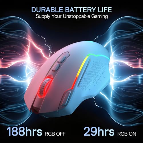 Redragon M810 MAX Wireless RGB Gaming Mouse 12000 DPI Remapping Keys | Cable-Free 0 Delay, Smooth Precise Tracking, Rapid-Fire Macro Keybinds, Vibing Backlight, Ergonomic Grip Body Comfort - color: White, style: M810 PRO MAX