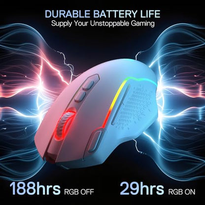 Redragon M810 MAX Wireless RGB Gaming Mouse 12000 DPI Remapping Keys | Cable-Free 0 Delay, Smooth Precise Tracking, Rapid-Fire Macro Keybinds, Vibing Backlight, Ergonomic Grip Body Comfort - color: White, style: M810 PRO MAX