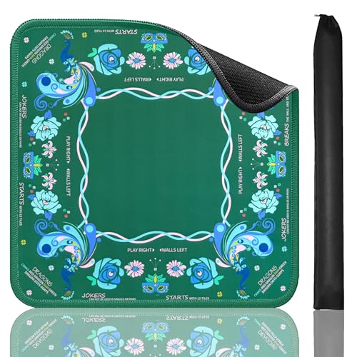 Jongyance Printed American Learning Mahjong Mat (33”x33”) with Black Carrying Bag, Anti-Slip, Noise-Reducing, Mahjong Table Mat for Mah-jongg, Poker, Board Games, Dominoes - color: Dark Green
