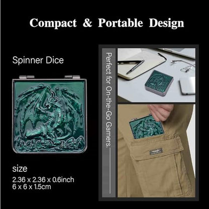 Foldable Spinner Metal DND Dice Set – Compact Elegant Design with D4, D6, D8, D10, D12, D20, D% for TTRPG Gifts - color: Black Nickel-green