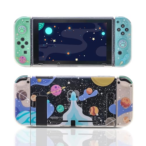 Clear Case for Nintendo Switch 2017, Screen Protector, Thumb Grips, Rocket | Nintendo Switch 2017 case with soft TPU shell, 2 thumb grips and clear glitter design for everyday scratch protection - color: Rocket