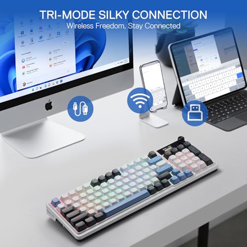 Redragon K719 Wireless Gasket Gaming Keyboard w/Hype Screen & Knob, 95 Keys Mechanical Keyboard, Easy-Control 1.14’’ TFT Info Display, 5-Layer Noise Dampener, Round PBT Keycaps, Mint Mambo Switch - color: Glacier Azure