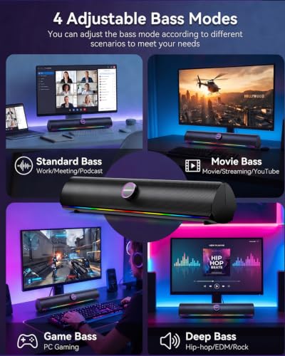 Computer Speakers for Desktop PC, Bluetooth 5.4 Sound Bar with Bass Boost, RGB Light Modes & Touch Buttons – HiFi Stereo USB Speakers for Gaming, Movies, Music, and Home Office - color: USB Powered