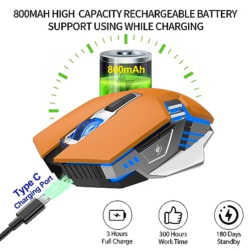 Bluetooth Gaming Mouse, RGB Rechargeable USB Wireless Mouse, Quiet Click, LED Backlit, Ergonomic, with Side Button, 6 Button, DPI Adjustable, Computer Mice for Laptop PC MacBook Chromebook - Orange - color: orange