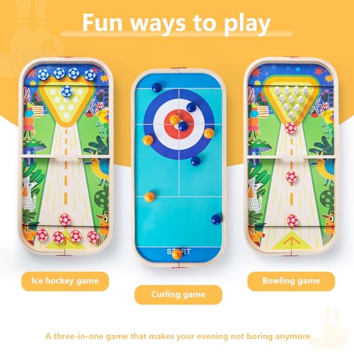 3-in-1 Wooden Tabletop Board Game - Portable Curling, Slingshot & Bowling Set for Kids & Family - Educational Montessori Toy, Screen-Free Indoor Fun, for Boys Girls Ages 3+