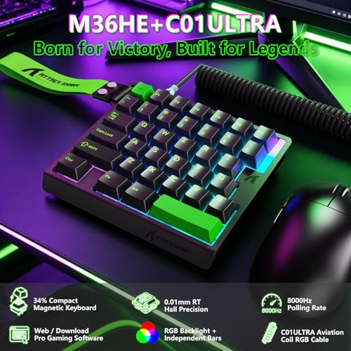 ATTACK SHARK M36 HE One-Handed Magnetic Switch Keyboard, 8000Hz Polling, Hot-Swappable, High-Precision 0.01mm, 36 Keys Wired Keypad with RGB Backlit, C01 Ultra Led Aviator Cable-Green - color: Fluorescent Green