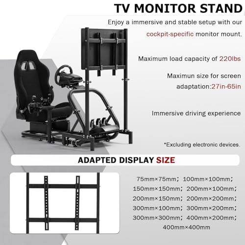 Supllueer Racing Sim Cockpit with Ergonomic Seat and Single Monitor Stand | 50mm Large Round Tube Simulator Stand Fit for Logitech/Fanatec/Thrustmaster G27 G923 G920 , No Steering Wheel Shift Pedal TV