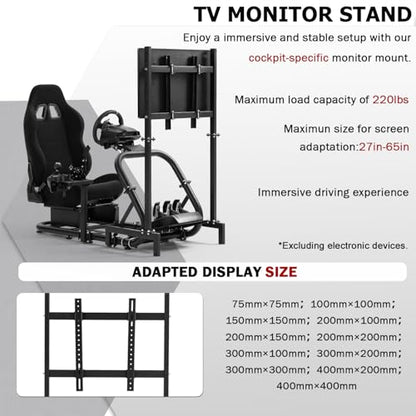 Supllueer Racing Sim Cockpit with Ergonomic Seat and Single Monitor Stand | 50mm Large Round Tube Simulator Stand Fit for Logitech/Fanatec/Thrustmaster G27 G923 G920 , No Steering Wheel Shift Pedal TV