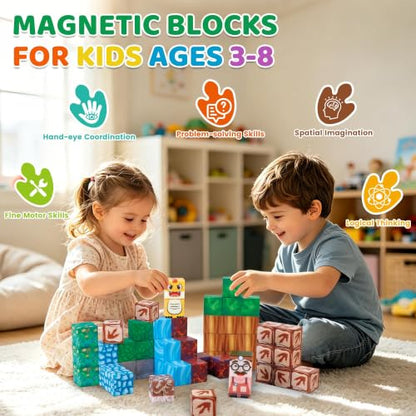 DQMOON Magnetic Blocks Travel Set with Magnetic Case - 52 PCS Magnetic Building Blocks Cubes Dinosaur Toys for Kids 3-5 4-8 Girls Boys Kids Toys, STEM Sensory Toddler Birthday