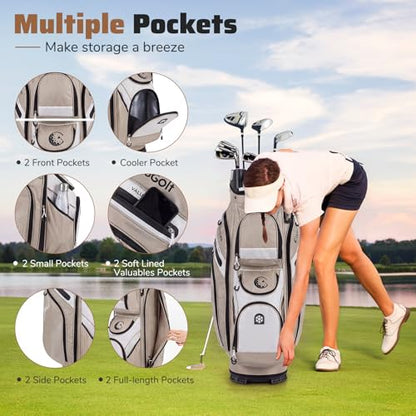 Goplus Lightweight Golf Cart Bag, Molded Lock Top Golf Club Bag w/14-Way Full Length Organizer Dividers, 11 Pockets, Cooler Bag, Straps, Umbrella Holder & Rain Hood for Men Women - color: Khaki+White