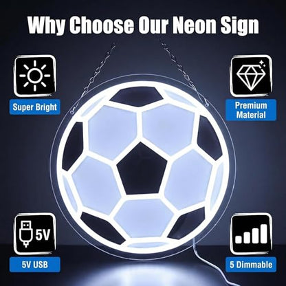 Soccer Neon Light 12.6" x 12.6" LED Football Wall Art Decor, 5-Level Dimmable Brightness USB Powered Acrylic Soccer Ball Lamp for Boys Bedroom, Game Room, Sport Bar, Sports Fans
