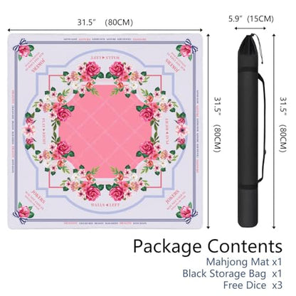 Mahjong Mat for Table with Carrying Bag & 3 Dice, Pink Floral 31.5"x31.5" Square Rubber Mahjong Table Cover, Non-Slip & Noise Reduction Gaming Mat for Mah Jongg, Poker, Dominoes & Tile Games - color: Pink