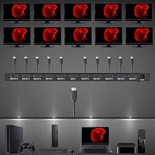 KAGO 4K 10 Port HDMI Splitter 1 in 10 Out Powered Distributor | 1x10 Mirror Display, 4K@30Hz & 3D, HDCP 1.4, Metal Housing, 12V Power Adapter