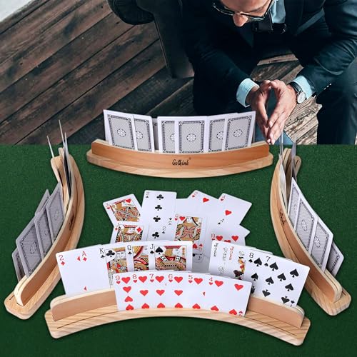 GOTHINK Set of 4 - Cruved Playing Card Holder for Kids Adult Seniors 2 Slot Solid Wood Cards Holders for Playing Cards 14 x 1.6 x 1.8 Inch Non Slip Card Deck for Bridge Canasta Strategy Card Games - style: Two Slot