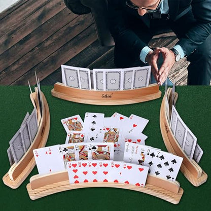 GOTHINK Set of 4 - Cruved Playing Card Holder for Kids Adult Seniors 2 Slot Solid Wood Cards Holders for Playing Cards 14 x 1.6 x 1.8 Inch Non Slip Card Deck for Bridge Canasta Strategy Card Games - style: Two Slot