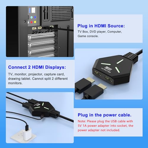 HDMI Splitter 1x2, 4K@60Hz HDMI 2.0 Splitter 1 in 2 Out for Dual Monitors, 1 Source to 2 Displays, Supports 18Gbps High Speed, HDCP 2.2, 3D, HDR, Compatible for Projector/TV/Monitor.