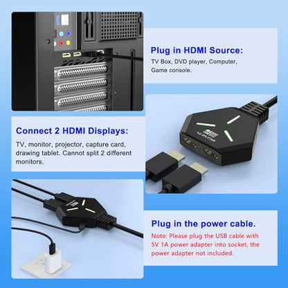 HDMI Splitter 1x2, 4K@60Hz HDMI 2.0 Splitter 1 in 2 Out for Dual Monitors, 1 Source to 2 Displays, Supports 18Gbps High Speed, HDCP 2.2, 3D, HDR, Compatible for Projector/TV/Monitor.
