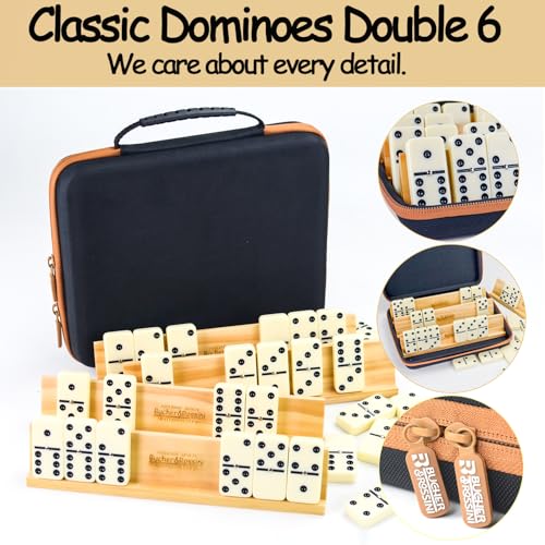 Bucher&Rossini Dominos Set for Adults with 4 Domino Racks Double Six Dominoes Set in Portable Case with 4 Wooden Domino Holders in EVA Hard Case Sturdy and Easy to Carry Ideal Gift Present - color: Double 6 + Hard Case + Racks