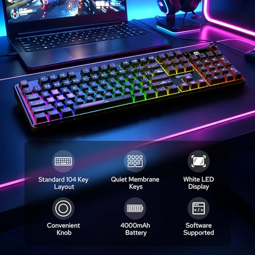 Redragon K526 PRO RGB Wireless Membrane Gaming Keyboard, 104 Keys Mechanical-Feel Keyboard w/LED Info Display, Media/Backlit Knob Control, Smooth Linear Switch & Software Supported - color: Black & Purple