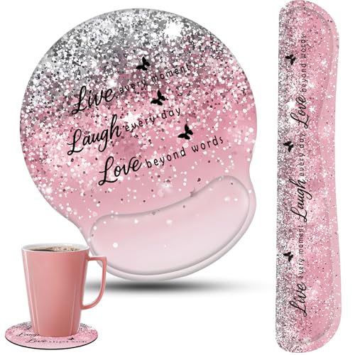 Keyboard Wrist Rest and Mouse Pad Wrist Support Set with Coasters,Ergonomic Gaming Mousepad for Home Office Working Studying Easy Typing & Pain Relief,Live Love Laugh Quote Pink Sparkle Glitter - color: Live Love Laugh Quote Pink Sparkle Glitter, size: 3
