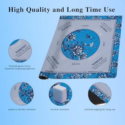 Mahjong Playing Mat with Rules Non Slip Base | Noise-Reducing Mahjong Mat with Carry Bag for Table Playing Board Games Tile Games (Aqua Blue) - color: Aqua Blue
