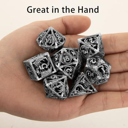 7PCS DND Dice Set, Premium Hollow Metal Polyhedral Dice with Treasure Chest & Dice Bag, Gift for Men & Women, Dungeons and Dragons, TTRPG RPG Tabletop Games(Antique Silver) - color: Antique-silver