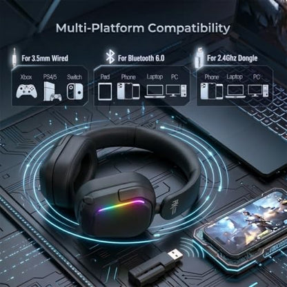 RK ROYAL KLUDGE HG101 V2 Wireless Gaming Headset, 2.4G/Bluetooth 6.0/3.5mm Wired Headphones, 7.1 Surround Sound, 40mm Drivers, Memory Foam Cushions, Works with Xbox, PS4/5, PC, Switch, Black - color: Black