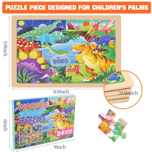 4 Packs 24 PCs Wooden Puzzles for Kids Ages 3-5, Montessori Toddler Jigsaw Puzzles, Preschool Educational Toys Gifts for Children Ages 4-8, Puzzles Boards Toys Gifts Easter Basket Stuffers - style: Animal
