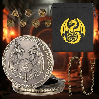 Mini DND Dice Set with Wand and Double Dragon Head Pocket Watch Shell Case, DND Starter Set, 7pcs Polyhedral Mini Metal Dice Set, D&D Gifts with Gift Bag, Role Playing Board Game Accessories, Bronze - color: Bronze