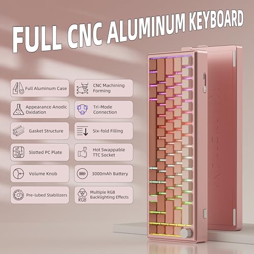 KY65 Wireless Mechanical Keyboard,65% Gasket Hot Swappable Custom Keyboard,RGB Backlit,Pre-lubed Gateron Switches,Side Printed PBT Keycaps,2.4GHz/TYPE-C/BT5.0 Mechanical Gaming Keyboards, Pink&Brown
