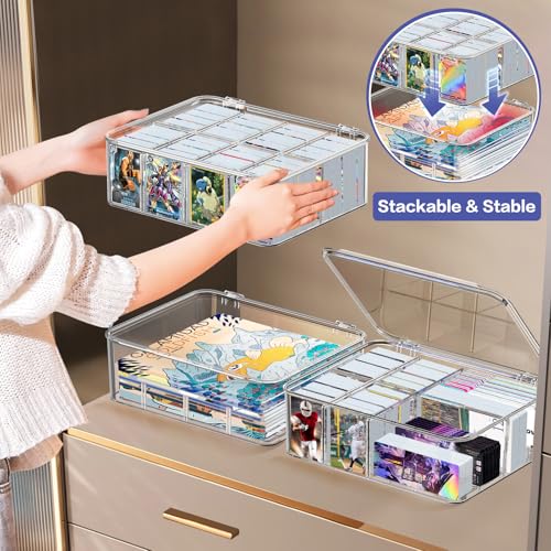 Trading Card Storage Box, Clear Plastic, Holds 2000+ Cards | for Baseball, Football, Sports Cards, for Toploader, Magnetic Card Holders, for TCG Mtg, Adjustable Dividers, Dust-Free